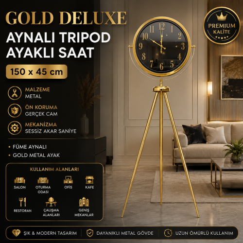 Gold Deluxe Aynalı Tripod 150 x 45 cm Ayaklı Saat