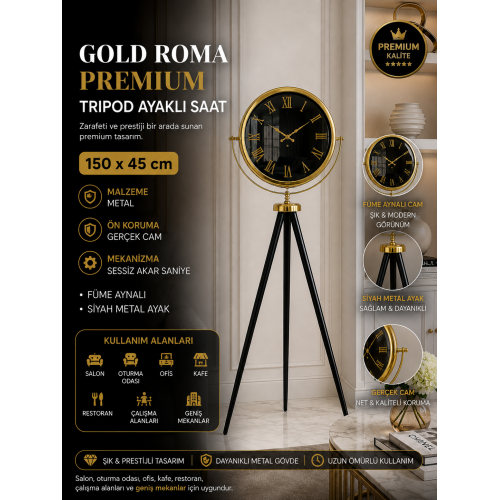 Gold Roma Premium Tripod 150 x 45 cm Ayaklı Saat