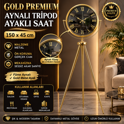 Gold Premium Aynalı Tripod 150 x 45 cm Ayaklı Saat
