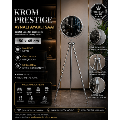 Krom Prestıge Aynalı Tripod 150 x 45 cm Ayaklı Saat