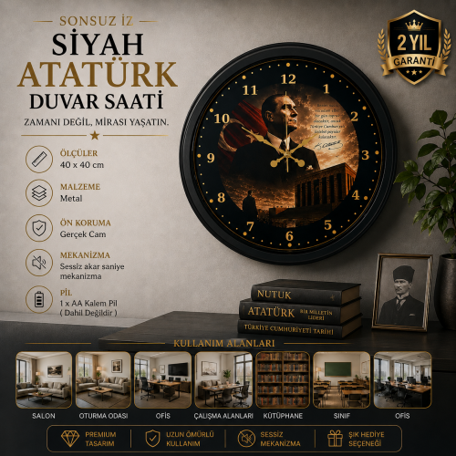 Siyah Cumhuriyet Mirası 36 x 36 cm Duvar Saati