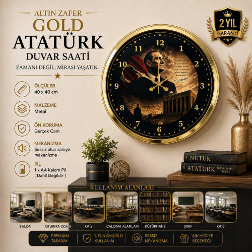 Altın Zafer Gold 40 x 40 cm Metal Atatürk Duvar Saati