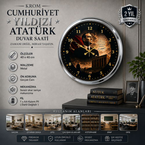 Krom Cumhuriyet Yıldızı 40 x 40 cm Metal Atatürk Duvar Saati