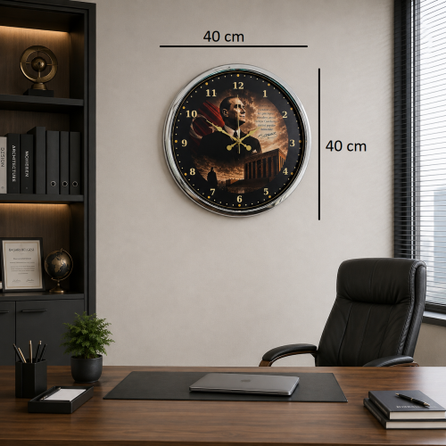 Krom Cumhuriyet Yıldızı 40 x 40 cm Metal Atatürk Duvar Saati