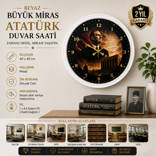 Beyaz Büyük Miras 40 x 40 cm Metal Atatürk Duvar Saati
