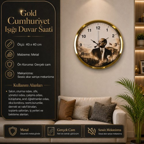 Gold Cumhuriyet Işığı 40 x 40 Cm Metal Duvar Saati