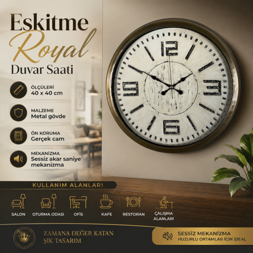 Eskitme Royal 40 cm Metal Duvar Saati