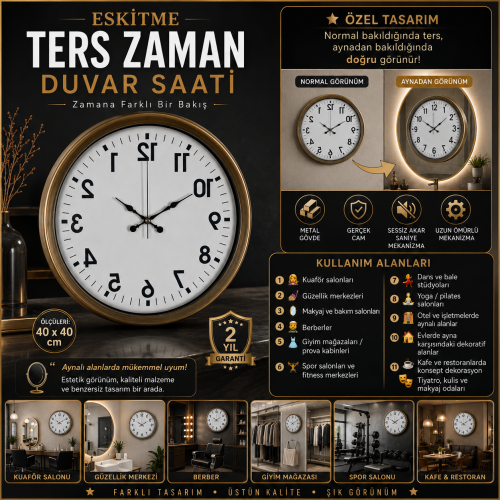 Eskitme Ters Zaman 40 x 40 cm Metal Duvar Saati