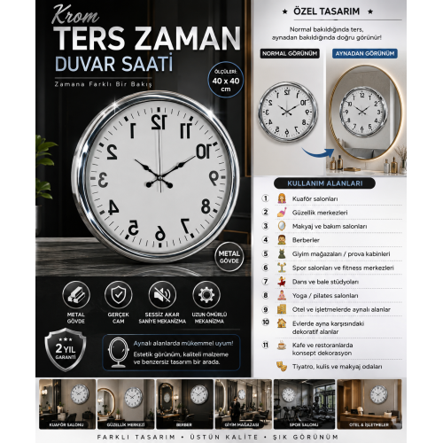 Krom Ters Zaman 40 x 40 cm Metal Duvar Saati