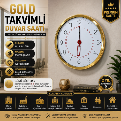 Gold Takvimli 40 x 40 cm Metal Duvar Saati