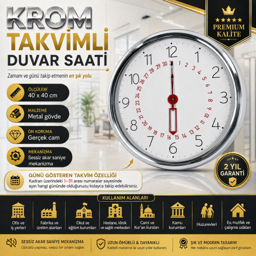 Krom Takvimli 40 x 40 cm Metal Duvar Saati