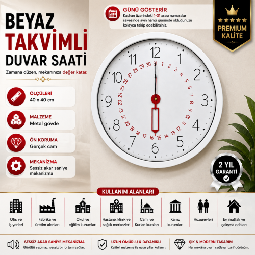Beyaz Takvimli 40 x 40 cm Metal Duvar Saati