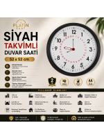 Siyah Takvimli 52 x 52 cm Metal Duvar Saati