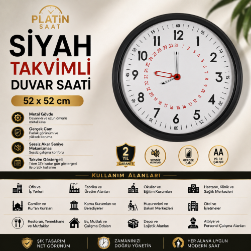 Siyah Takvimli 52 x 52 cm Metal Duvar Saati