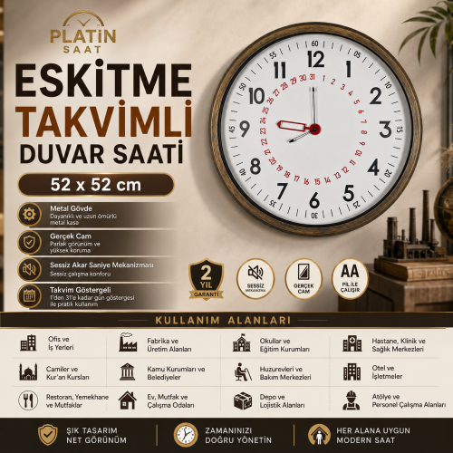 Eskitme Takvimli 52 x 52 cm Metal Duvar Saati