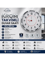 Krom Takvimli 52 x 52 cm Metal Duvar Saati