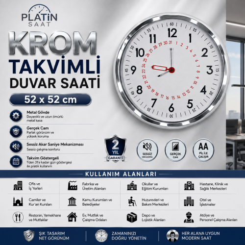 Krom Takvimli 52 x 52 cm Metal Duvar Saati