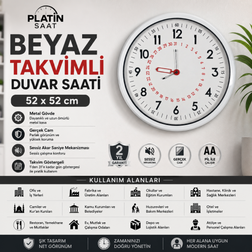 Beyaz Takvimli 52 x 52 cm Metal Duvar Saati
