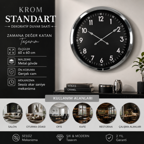 Krom Standart Dekoratif 60 x 60 cm Duvar Saati