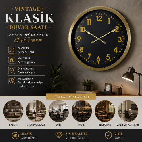 Vintage Klasik 60 x 60 cm Metal Duvar Saati