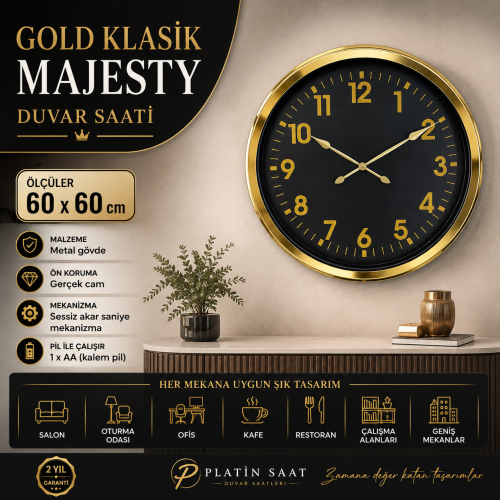 Gold Klasik Majesty 60 x 60 cm Metal Duvar Saati