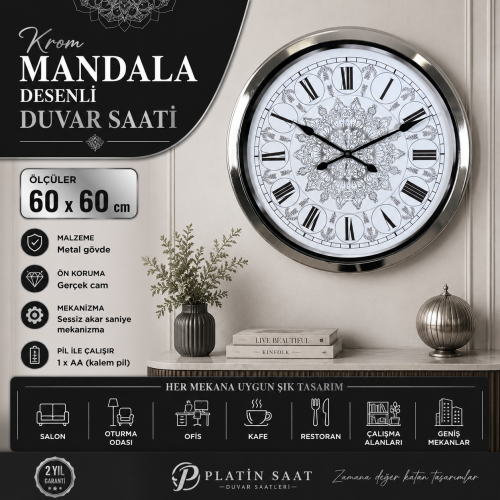 Krom Mandala Desenli 60 x 60 cm Metal Duvar Saati