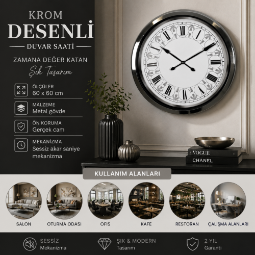 Krom Desenli 60 x 60 cm Metal Duvar Saati