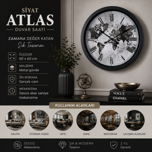 Siyah Atlas 60 x 60 cm Metal Duvar Saati