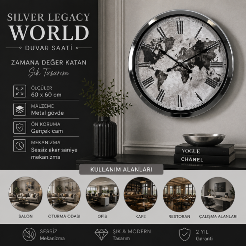 Silver Legacy World 60 x 60 cm Metal Duvar Saati