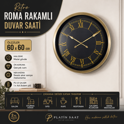 Retro Roma Rakamlı 60 x 60 cm Metal Duvar Saati