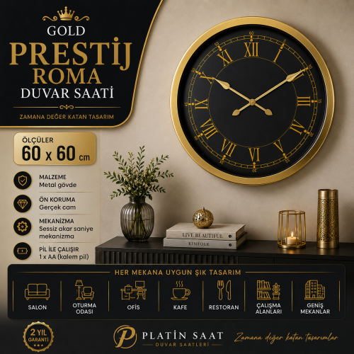 Gold Prestij Roma 60 x 60 cm Metal Duvar Saati