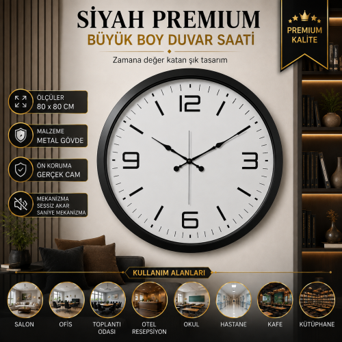 Siyah Premium Büyük Boy 80 cm Metal Duvar Saati