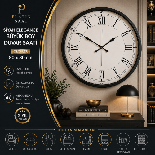 Siyah Elegance Büyük Boy 80 cm Metal Duvar Saati