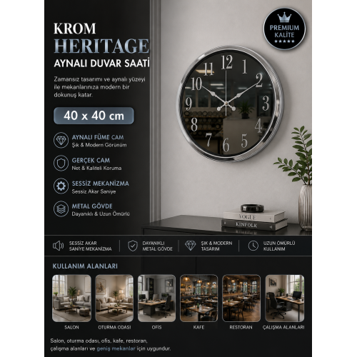 Krom Heritage Aynalı 40 x 40 cm Duvar Saati