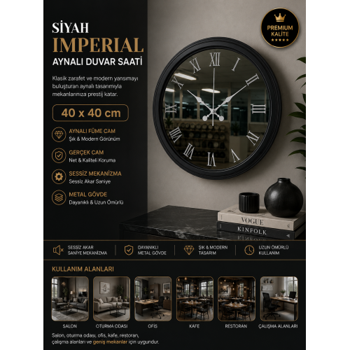 Siyah Imperial Aynalı 40 x 40 cm Duvar Saati