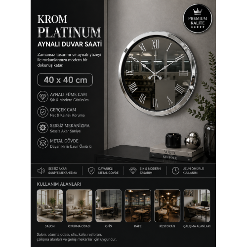 Krom Platinum Aynalı 40 x 40 cm Duvar Saati