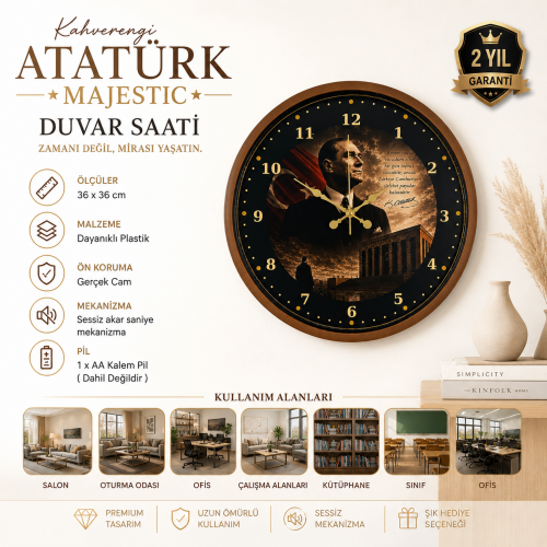 Kahverengi Atatürk Majestic 36 x 36 cm Duvar Saati