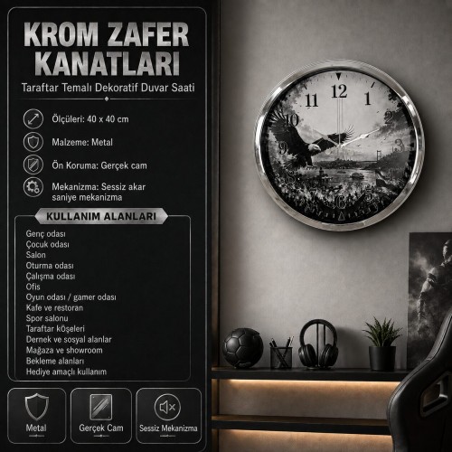 Krom Zafer Kanatları Taraftar Temalı 40 x 40 Cm Metal Duvar Saati