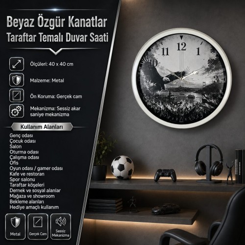 Beyaz Özgür Kanatlar Taraftar Temalı 40 x 40 Cm Metal Duvar Saati