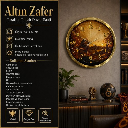 Altın Zafer Taraftar Temalı 40 x 40 Cm Metal Duvar Saati