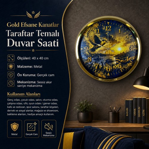 Gold Efsane Kanatlar Taraftar Temalı 40 x 40 Cm Metal Duvar Saati