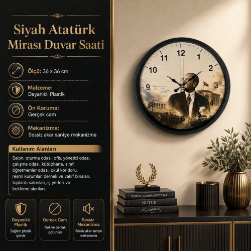 Siyah Atatürk Mirası 36 x 36 Cm Duvar Saati