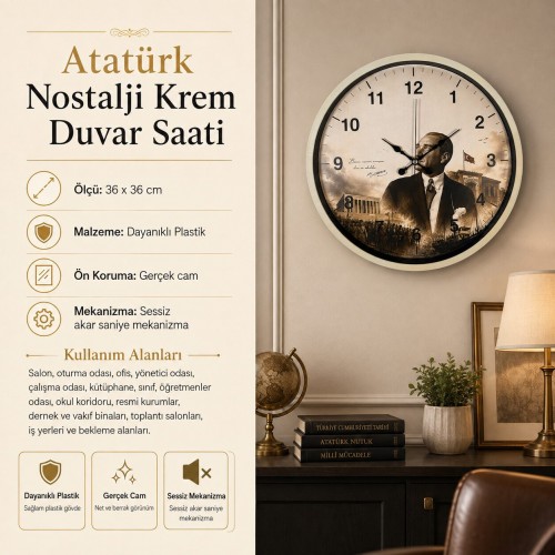 Atatürk Nostalji Krem 36 x 36 Cm Duvar Saati