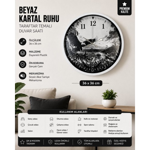 Beyaz Kartal Ruhu Taraftar Temalı 36 x 36 Cm Duvar Saati
