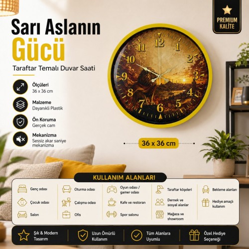 Sarı Aslanın Gücü Taraftar Temalı 36 x 36 Cm Duvar Saati