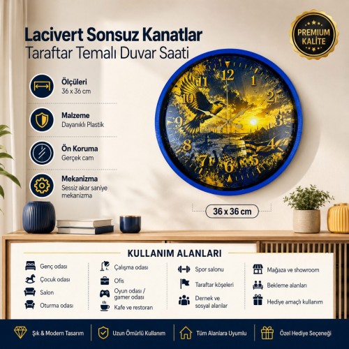 Lacivert Sonsuz Kanatlar Taraftar Temalı 36 x 36 Cm Duvar Saati