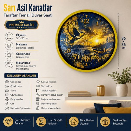 Sarı Asil Kanatlar Taraftar Temalı 36 x 36 Cm Duvar Saati