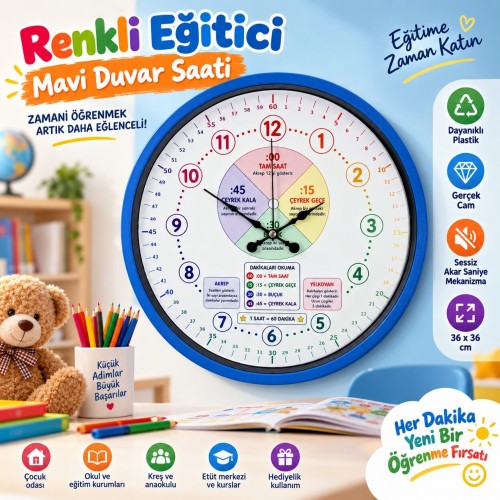 Renkli Eğitici 36 x 36 Cm Mavi Çocuk Duvar Saati