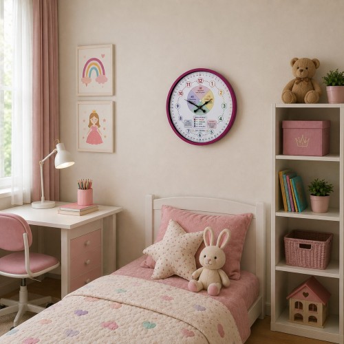 Pembe Öğretici 36 x 36 Cm Çocuk Duvar Saati