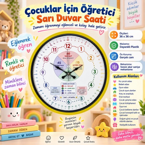 Çocuklar İçin Öğretici Sarı 36 x 36 Cm Duvar Saati